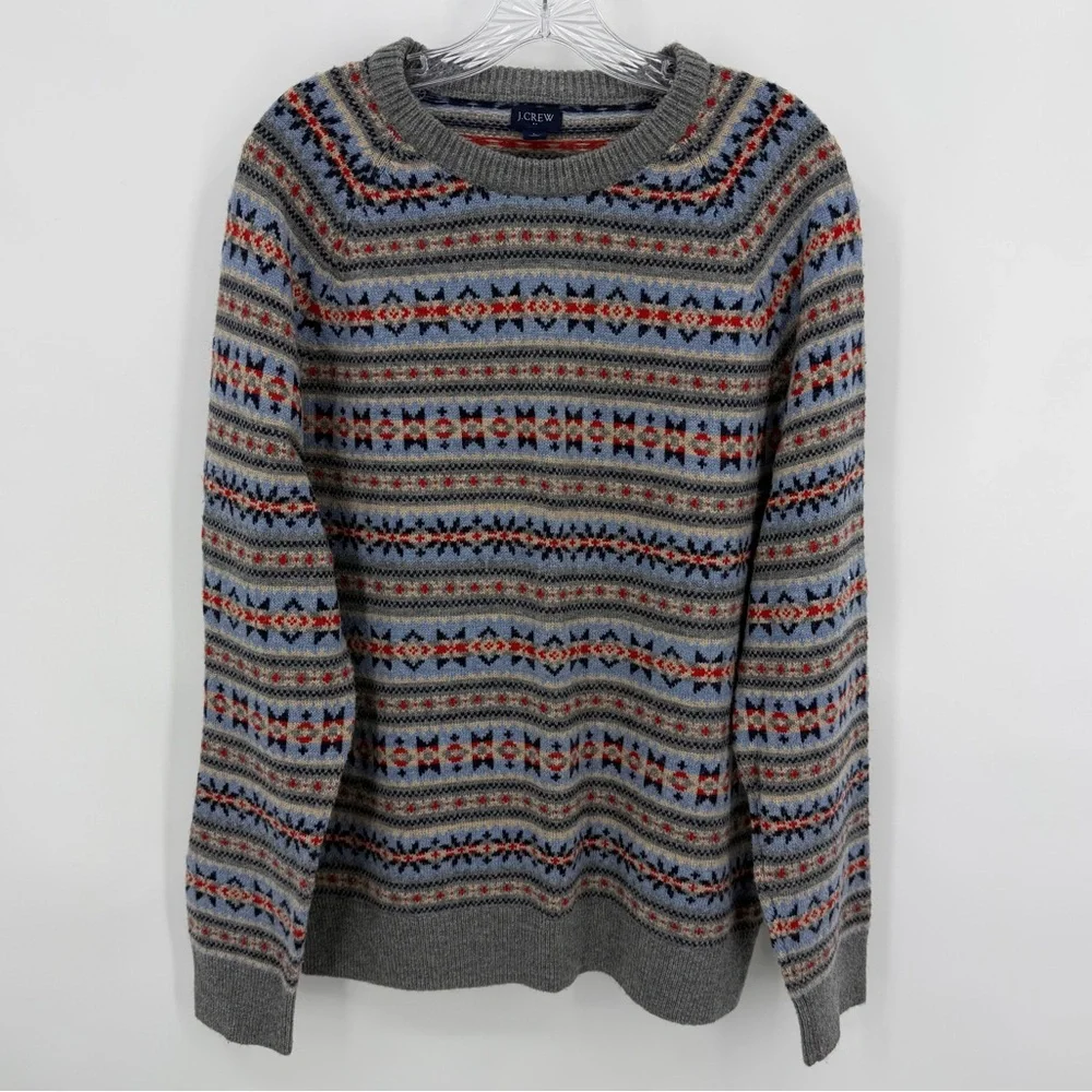 J. Crew Fair Isle Icelandic Sweater Lambswool Blend Gray Multi Size L